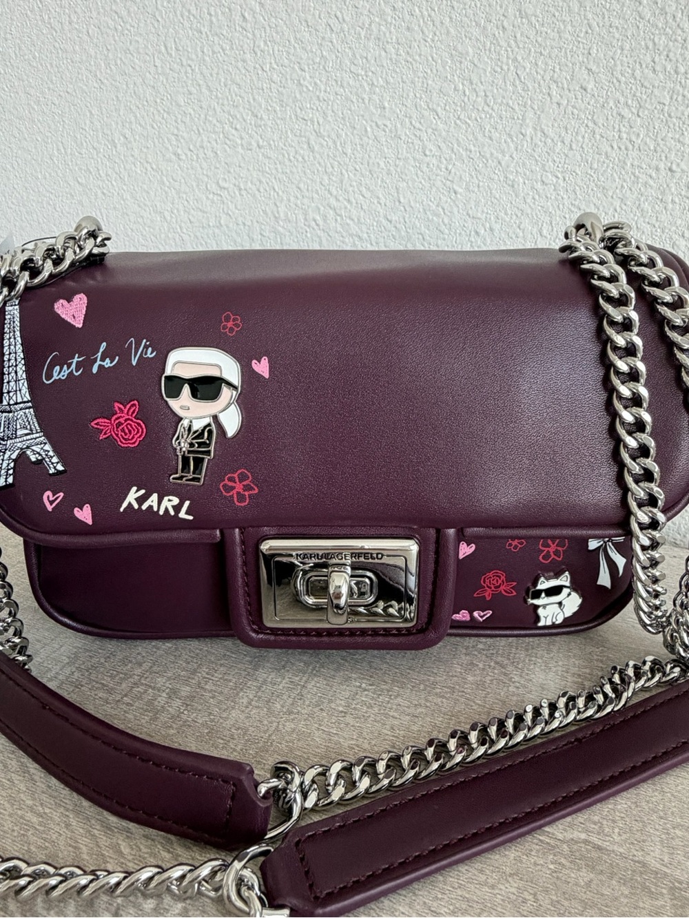 Karl Lagerfeld Paris Karl Choupette Burgundy Shoulder Crossbody Bag NWT - Picture 2 of 12